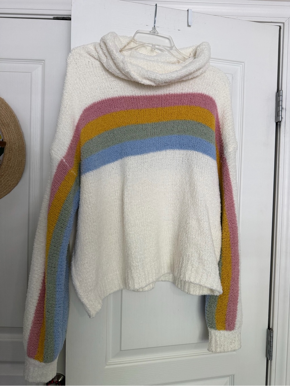 Very J white and rainbow turtle neck striped sweater, size L